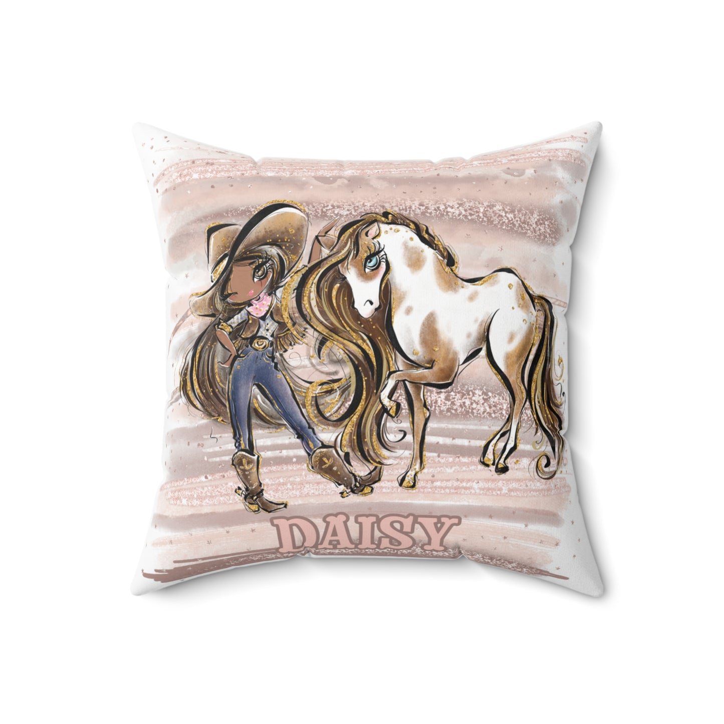 Personalised Cowgirl and Horse Cushion,  Brown Hair, Olive Skin, Brown Eyes, Polyester Square Cushion, Christmas cushion