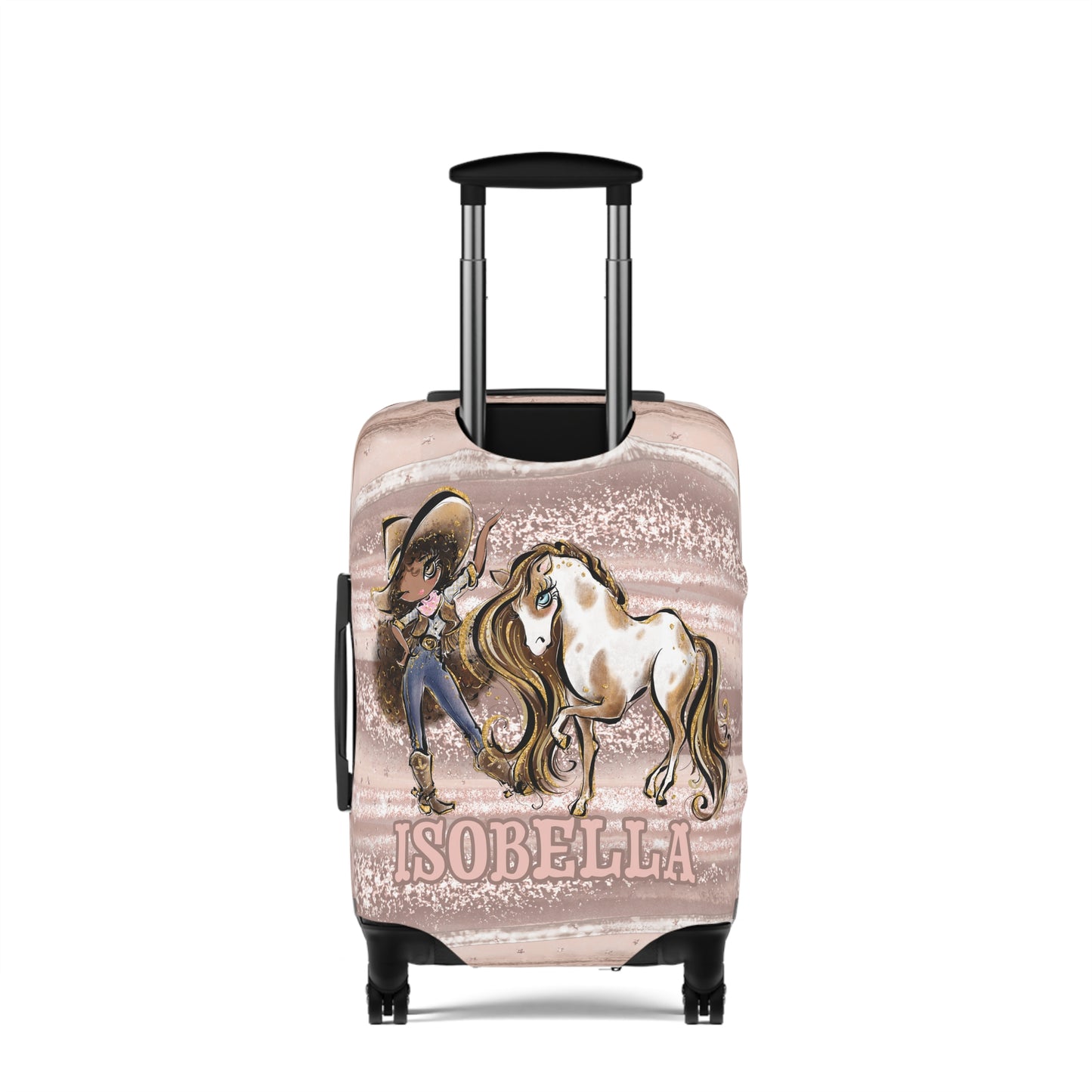 Luggage Cover, Howdy Cowgirl and Horse, Brunette Curly Hair Olive Skin Brown Eyes