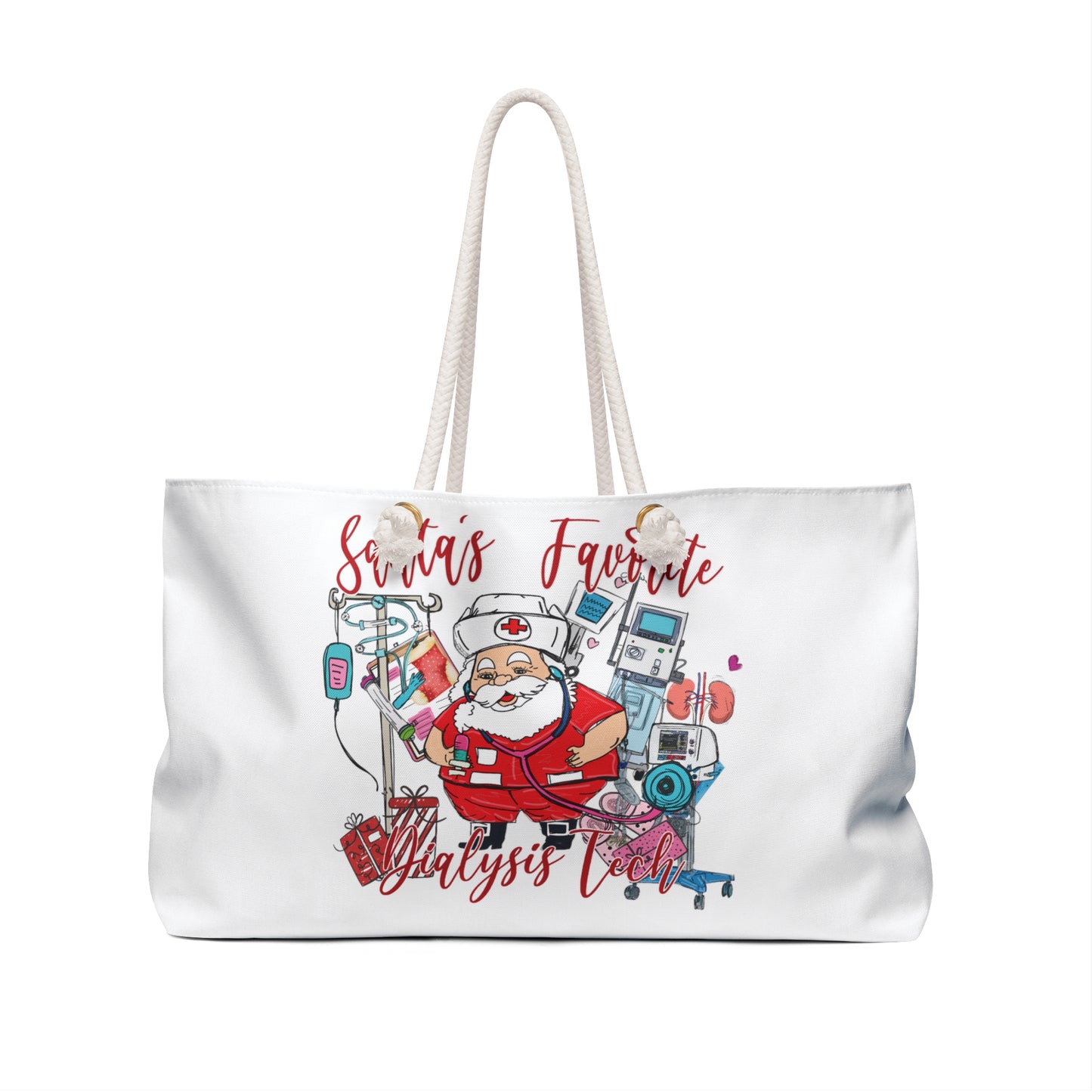 Personalised/Non-Personalised Weekender Bag, Santa's Favorite Dialysis Tech, Large Weekender Bag, Beach Bag, Book Bag