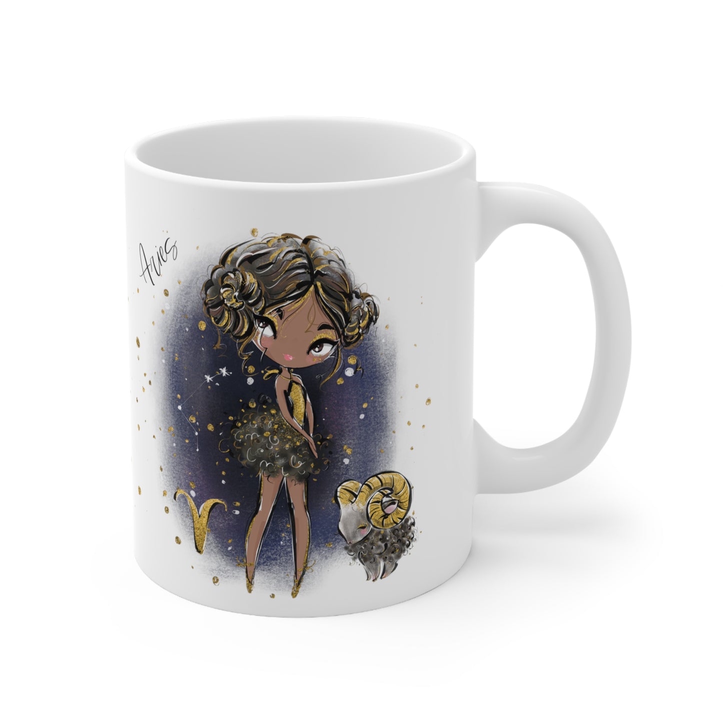 Personalised/Non Personalised Zodiac Sign, Aries, Ceramic Mug 11oz Brunette Hair - Olive Skin - Brown Eyes - Bg