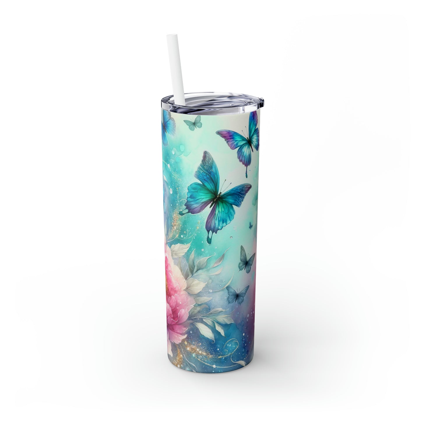 Skinny Tumbler with Straw, 20oz, Floral Butterflies, awd-332