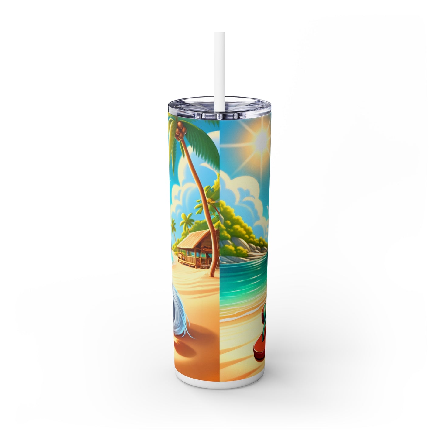 Skinny Tumbler with Straw, 20oz, Dog on Beach, Old Papillon, awd-1229