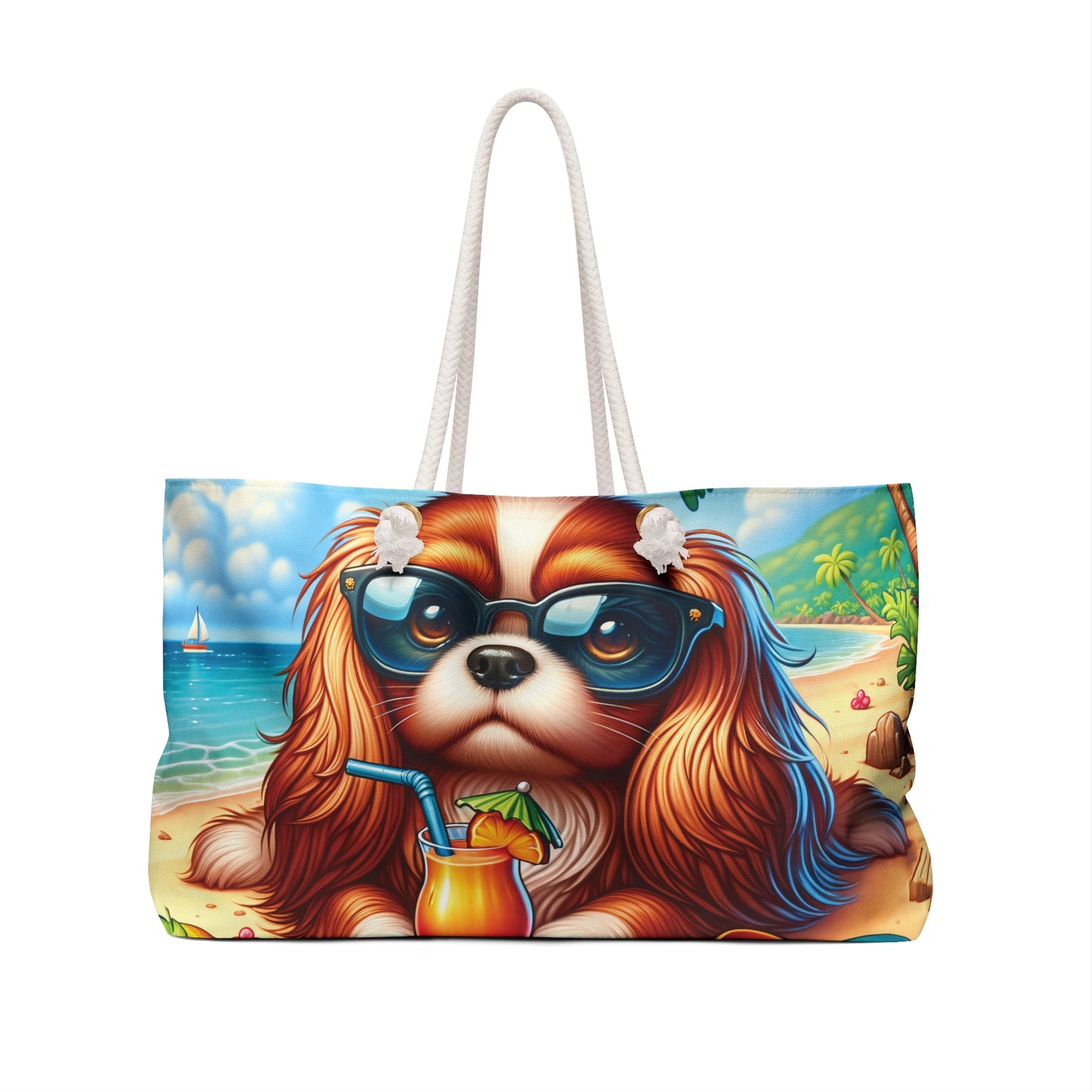 Personalised/Non-Personalised Weekender Bag, Summer Beach Dog, Cavalier King Charles, Large Weekender Bag, Beach Bag, Book Bag