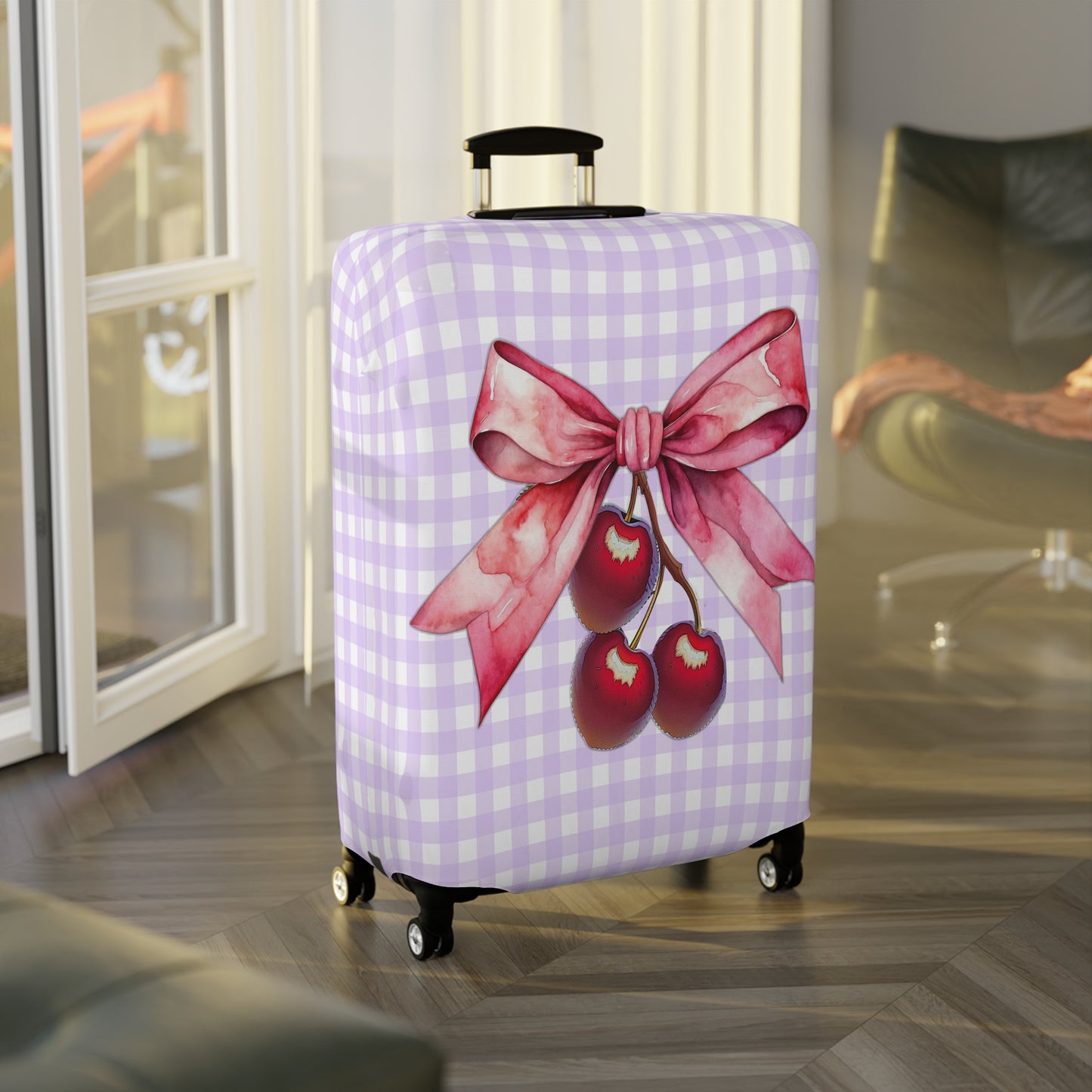 Luggage Cover, Rockabilly, Coquette, Pastel Purple Gingham, Cherries and Ribbon, awd-2512