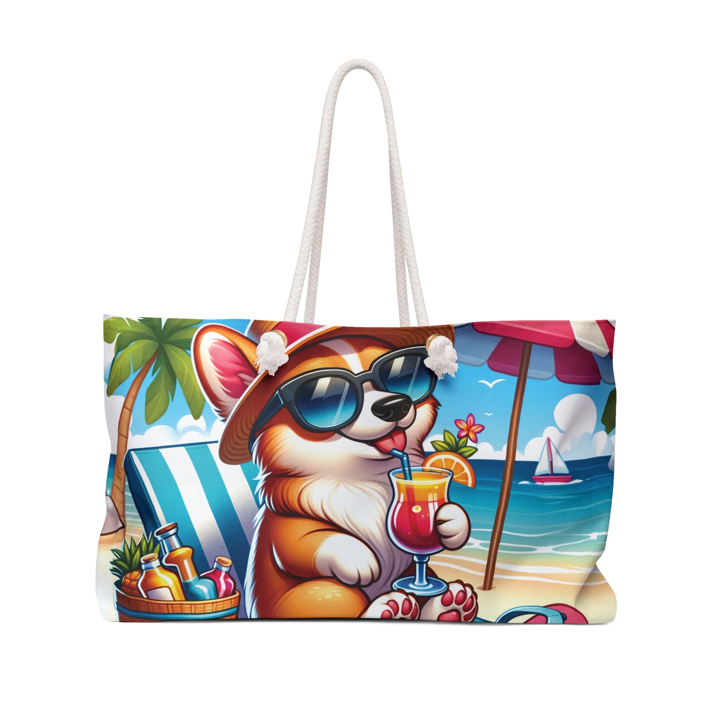 Personalised/Non-Personalised Weekender Bag, Summer Beach Dog, Corgi, Large Weekender Bag, Beach Bag, Book Bag