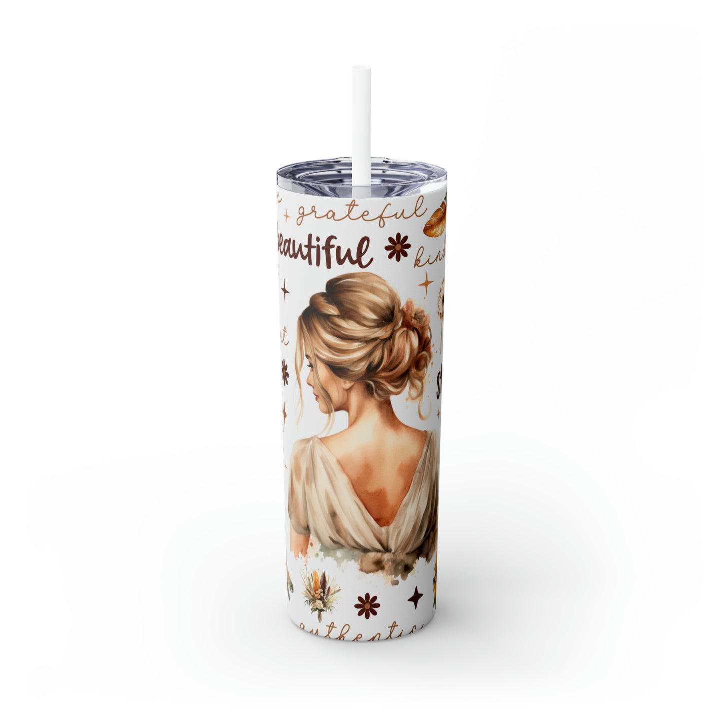 Skinny Tumbler with Straw, 20oz, Affirmation, Woman Blonde Hair, awd-503