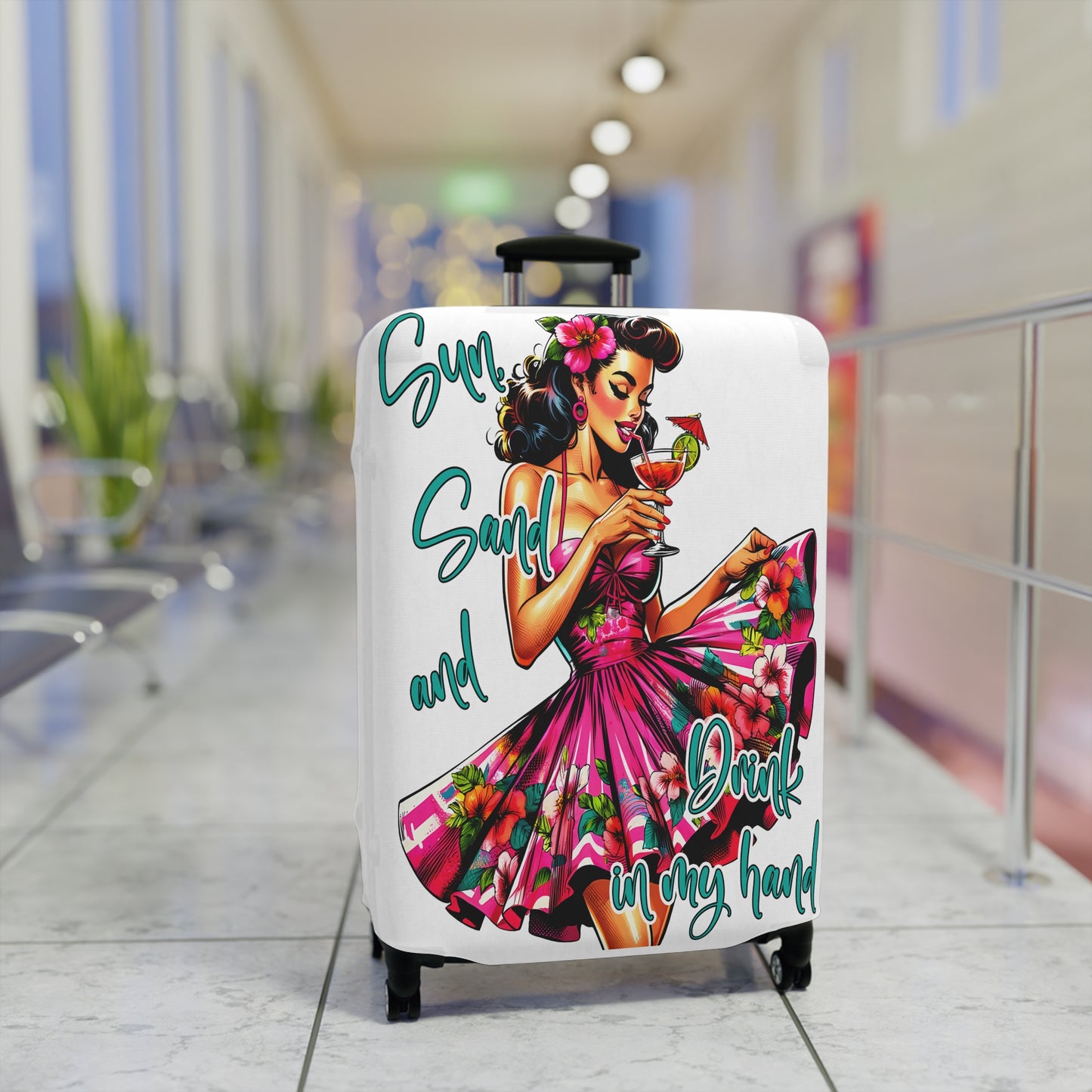 Luggage Cover, Retro Girl, Sun Sand and Drink in Hand, awd-3012