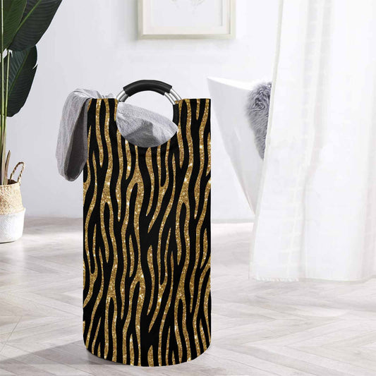 Black and Gold Glitter Leopard Print  Round Laundry Basket