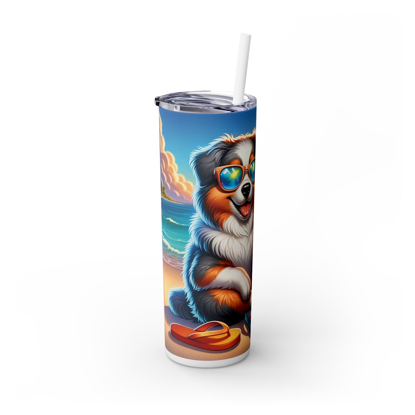 Skinny Tumbler with Straw, 20oz, Dog on Beach, Australian Shepherd, awd-1113