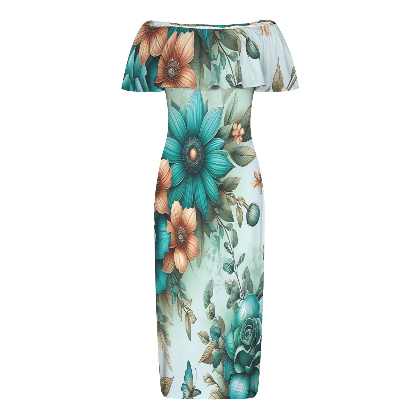 Green Floral awd438 Women's Off Shoulder Ruffle Boat Neck Dress (Model D71)