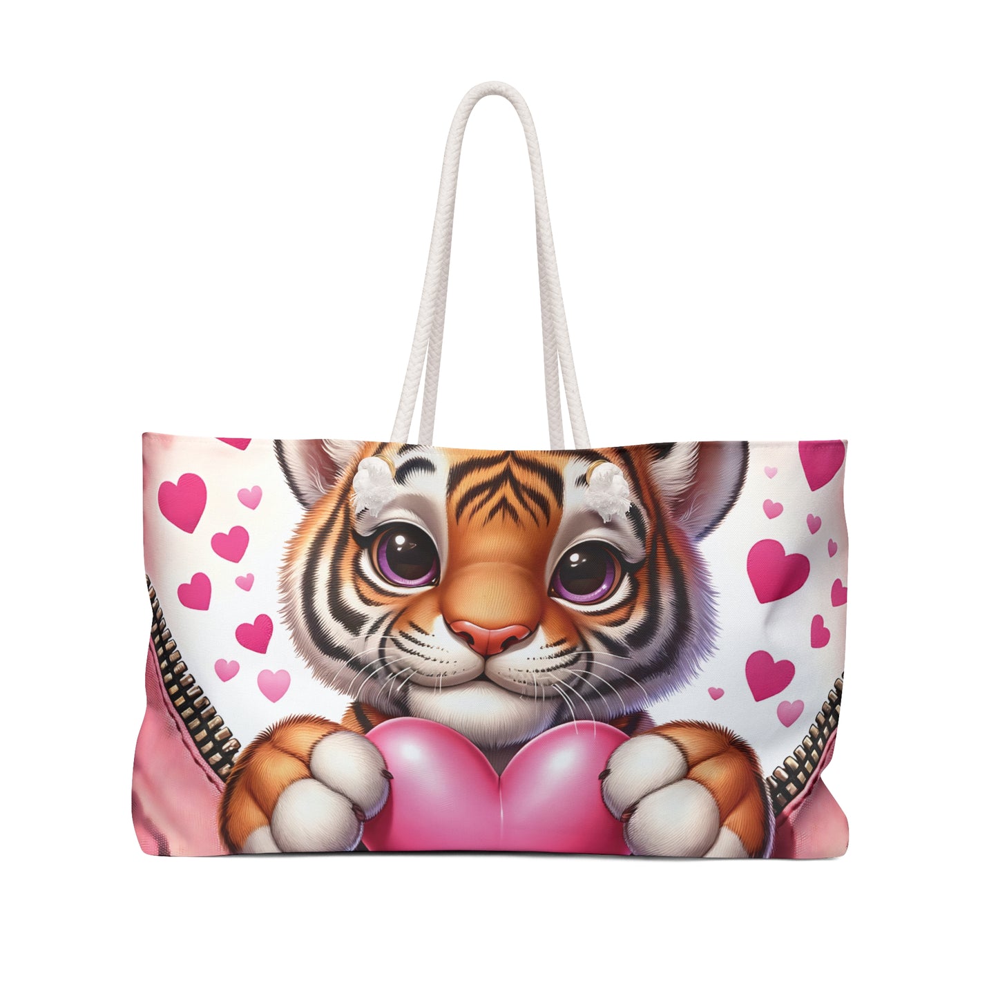 Personalised/Non-Personalised Weekender Bag, Cute Tiger, Zipper, Valentines Day, Large Weekender Bag, Beach Bag, Book Bag