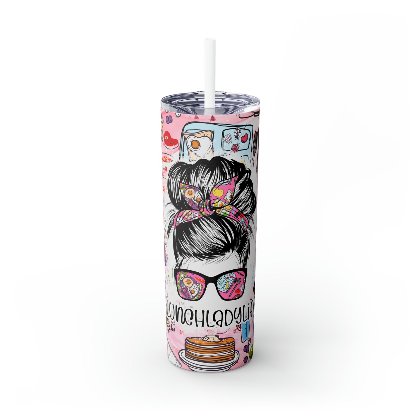 Skinny Tumbler with Straw, 20oz, Lunch Lady