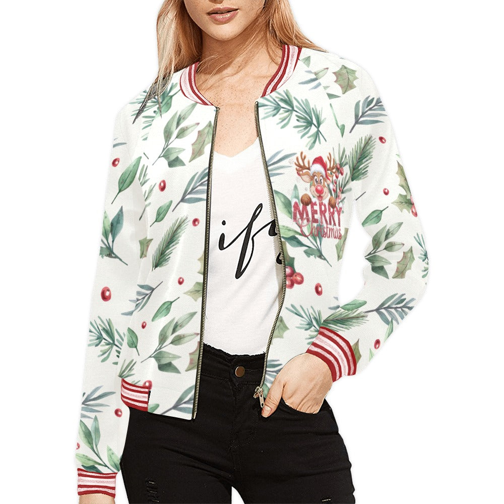 Christmas Poinsettia Pattern Bomber Jacket for Women