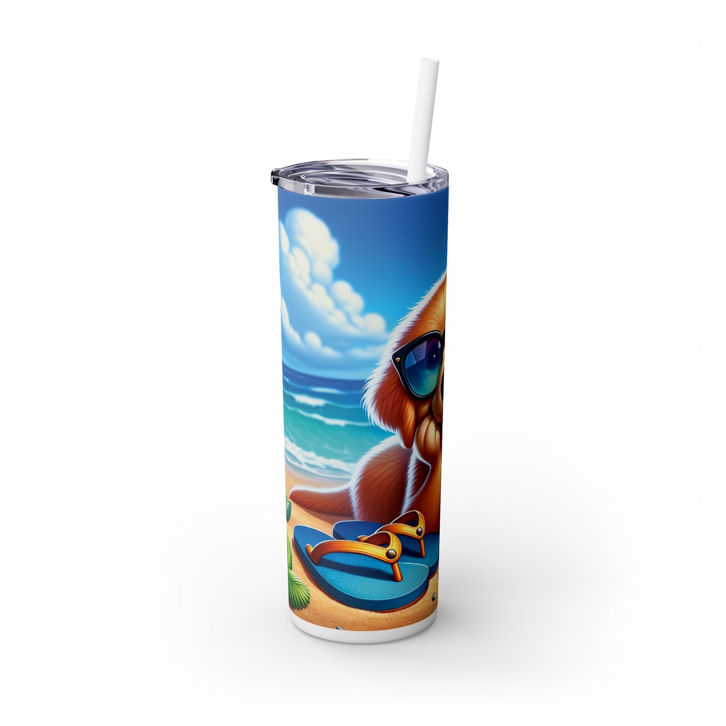 Skinny Tumbler with Straw, 20oz, Dog on Beach, Golden Retriever, awd-1213