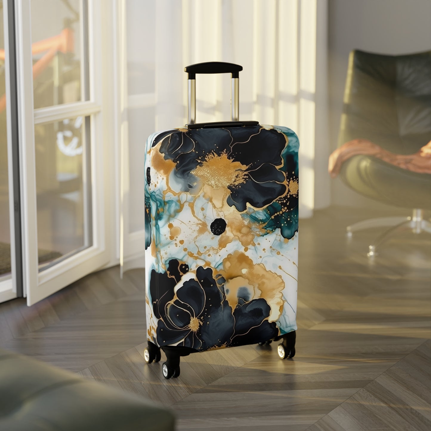 Luggage Cover, Alcohol Ink Black, Green and Gold Floral