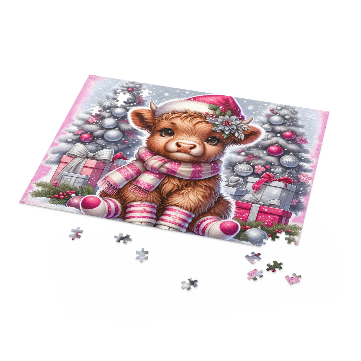 Personalised/Non-Personalised Puzzle, Christmas, Highland Cow (120, 252, 500-Piece)