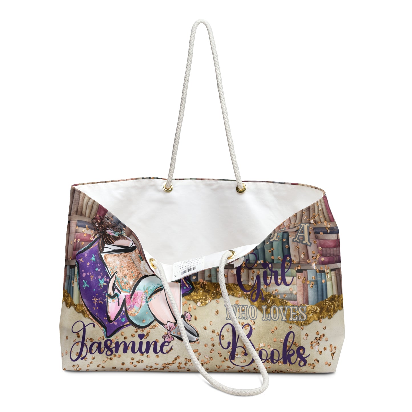 Personalised Weekender Bag, Just A Girl Who Loves Books, Brunette Hair, Large Weekender Bag, Beach Bag, Book Bag