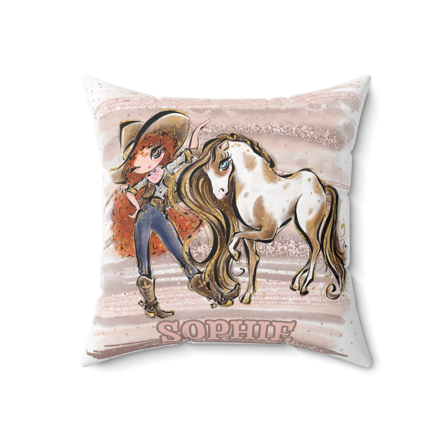 Personalised Cowgirl and Horse Cushion,  Red Curly Hair, Brown Eyes, Polyester Square Cushion, Christmas cushion