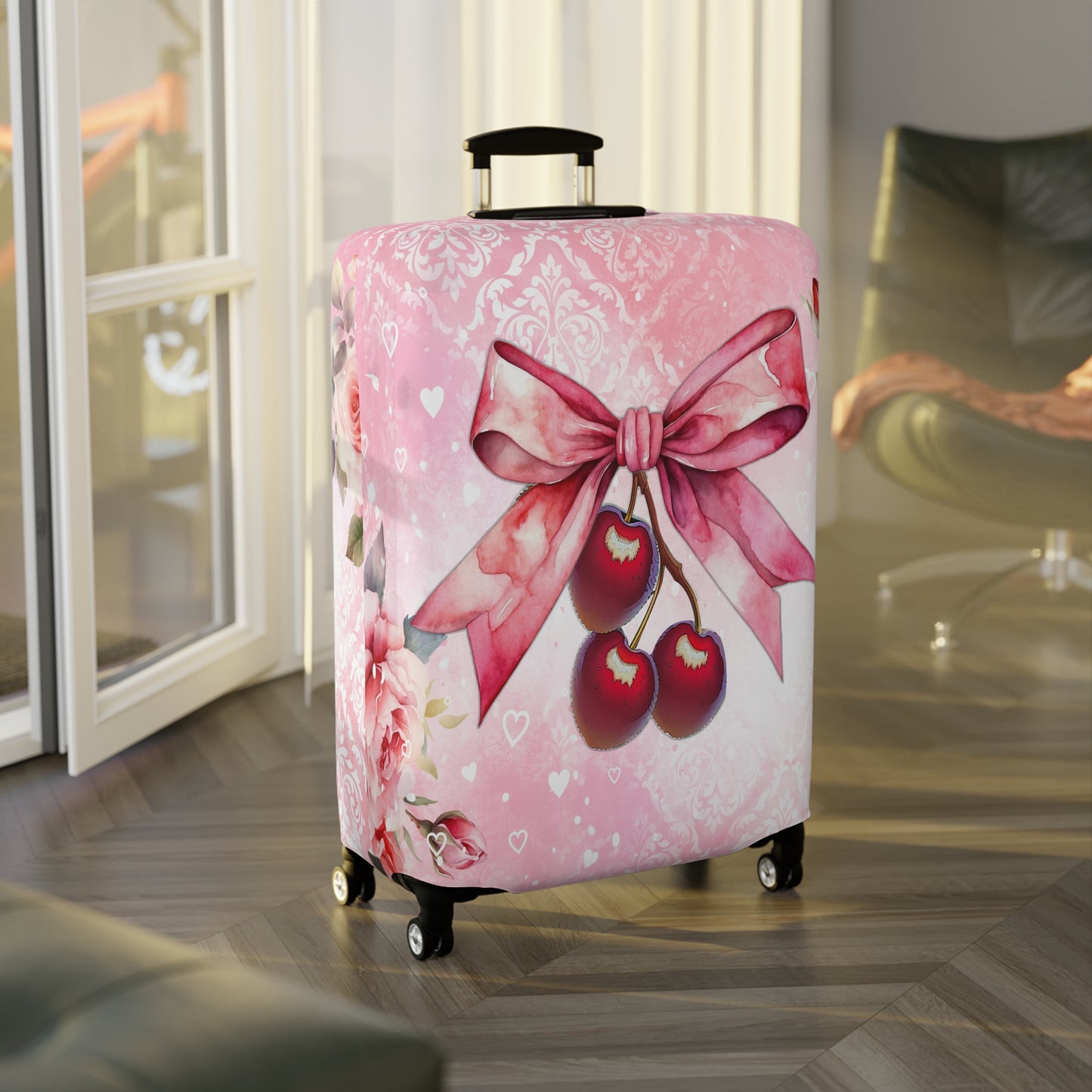 Luggage Cover, Rockabilly, Coquette, Pink Watercolour, Roses, Cherries and Ribbon, awd-2520