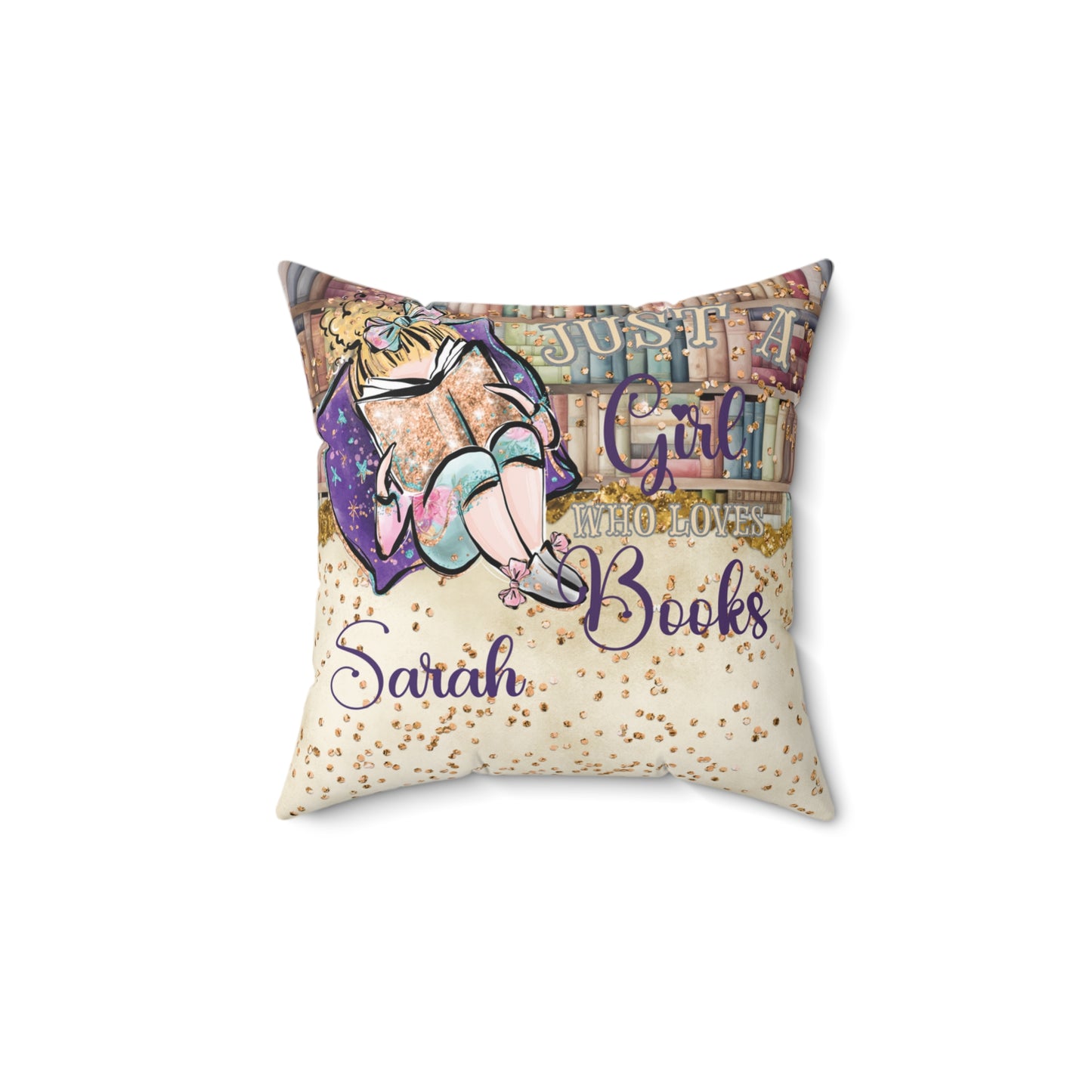 Polyester Square Pillow, Just a Girl who Loves Books, Blonde Hair