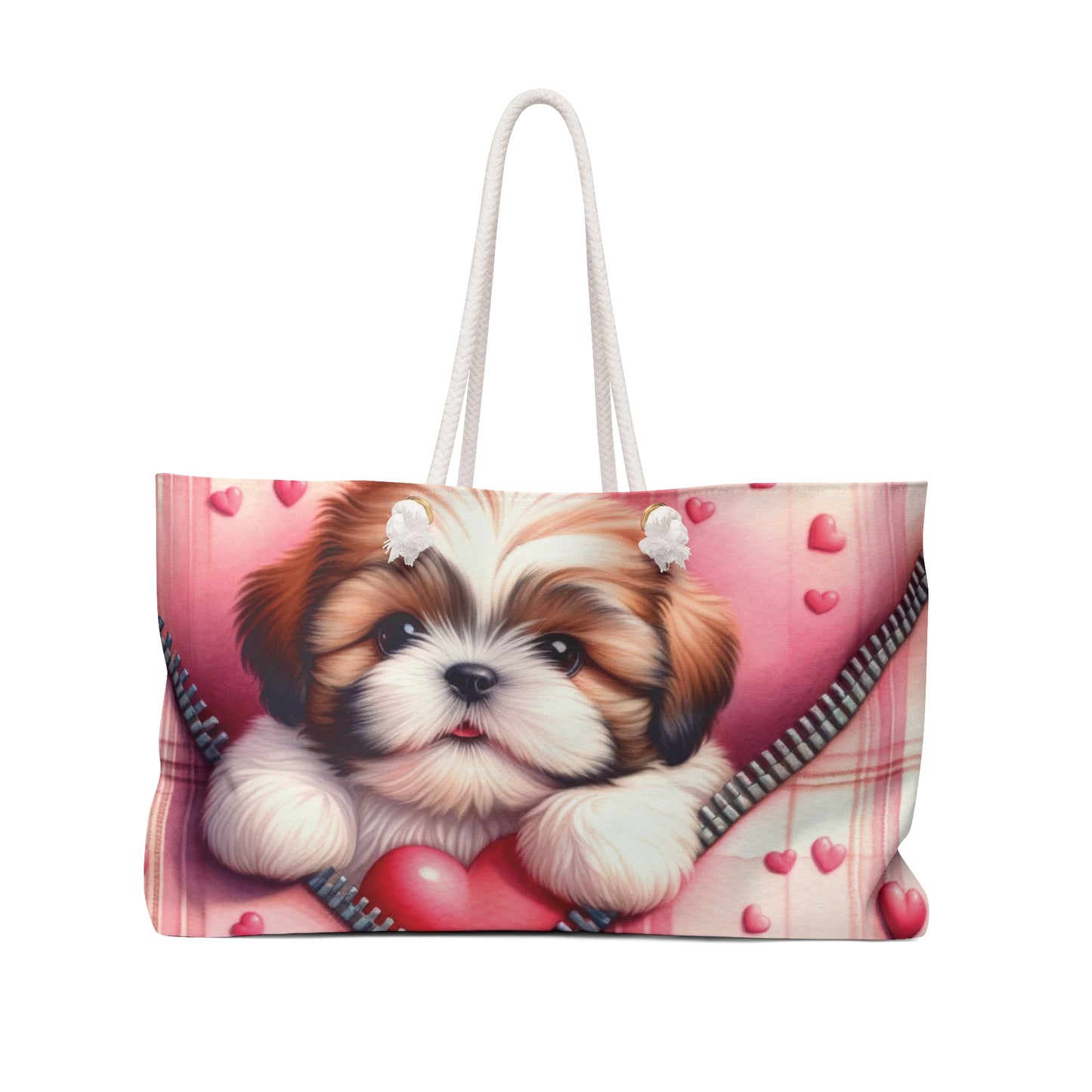 Personalised/Non-Personalised Weekender Bag, Cute Dog, Zipper, Valentines Day, Large Weekender Bag, Beach Bag, Book Bag