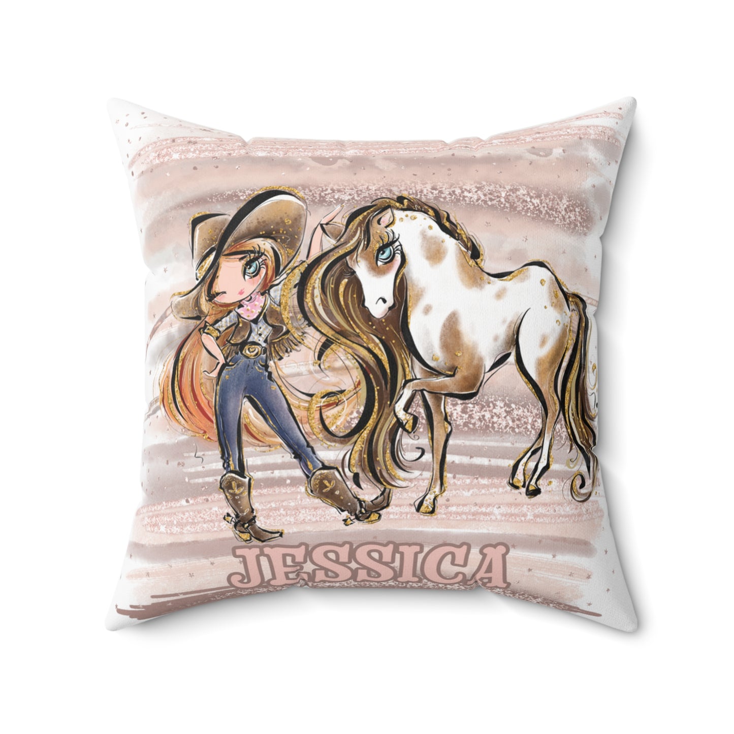 Personalised Cowgirl and Horse Cushion,  Red Hair, Blue Eyes, Polyester Square Cushion, Christmas cushion