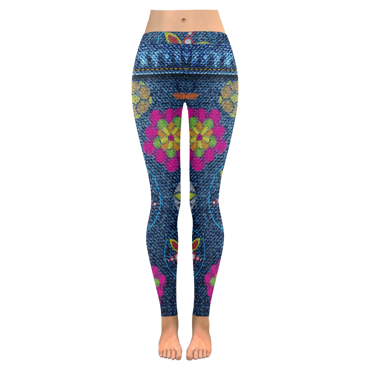 print flower jeans Women's Low Rise Leggings (Invisible Stitch)