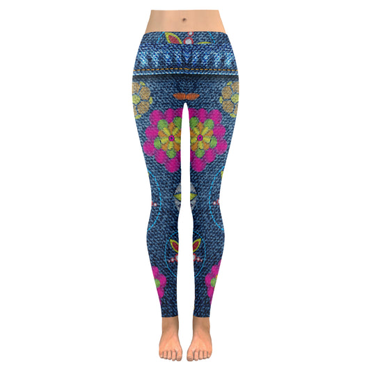 print flower jeans Women's Low Rise Leggings (Invisible Stitch)