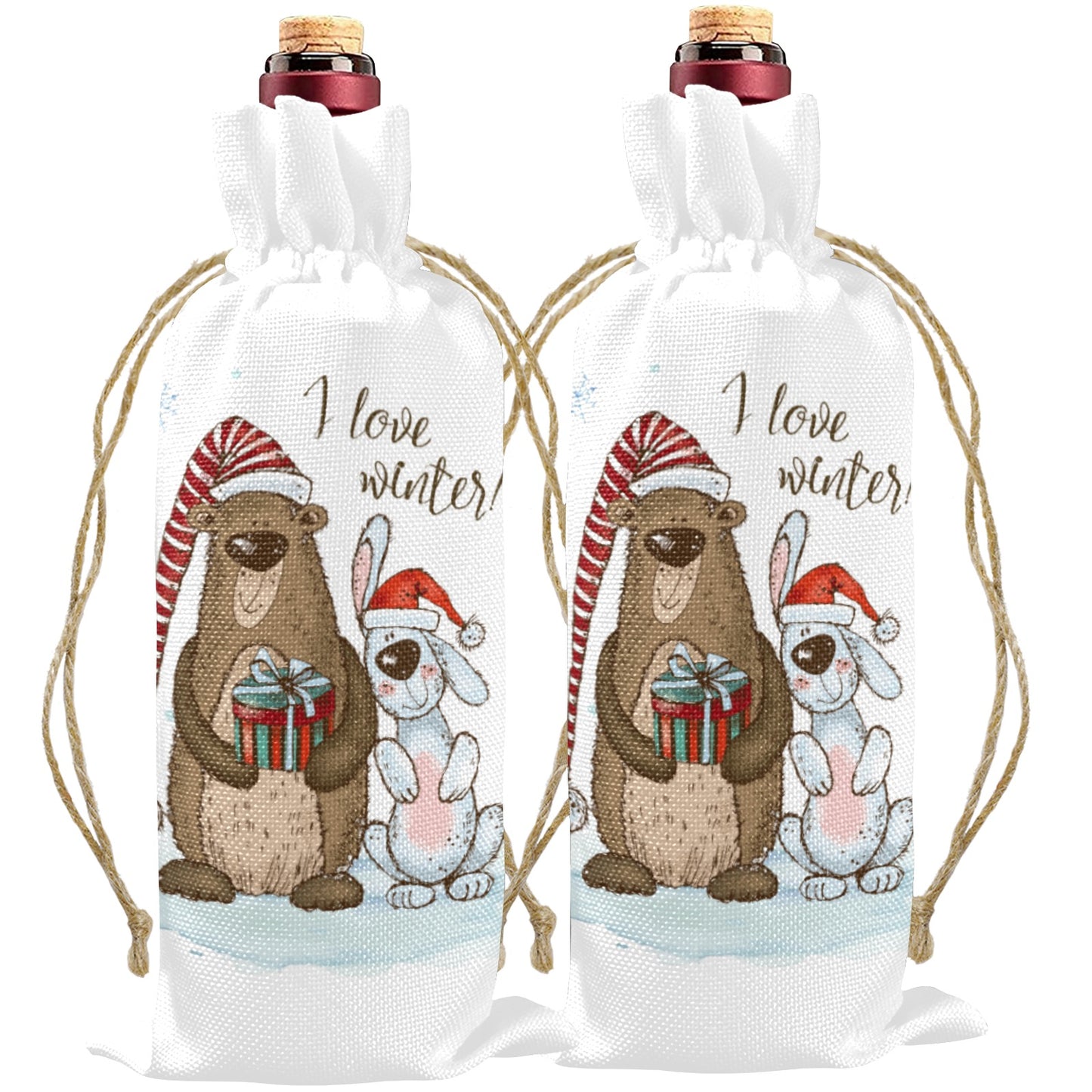 Whimsical Bear and Dog I Love Winter Linen Wine Bottle Bag