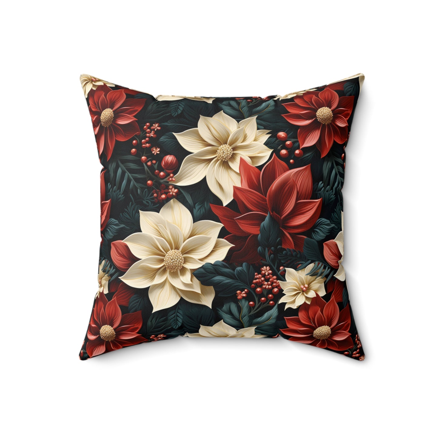 Spun Polyester Square Pillow, Poinsettia Floral Cushion