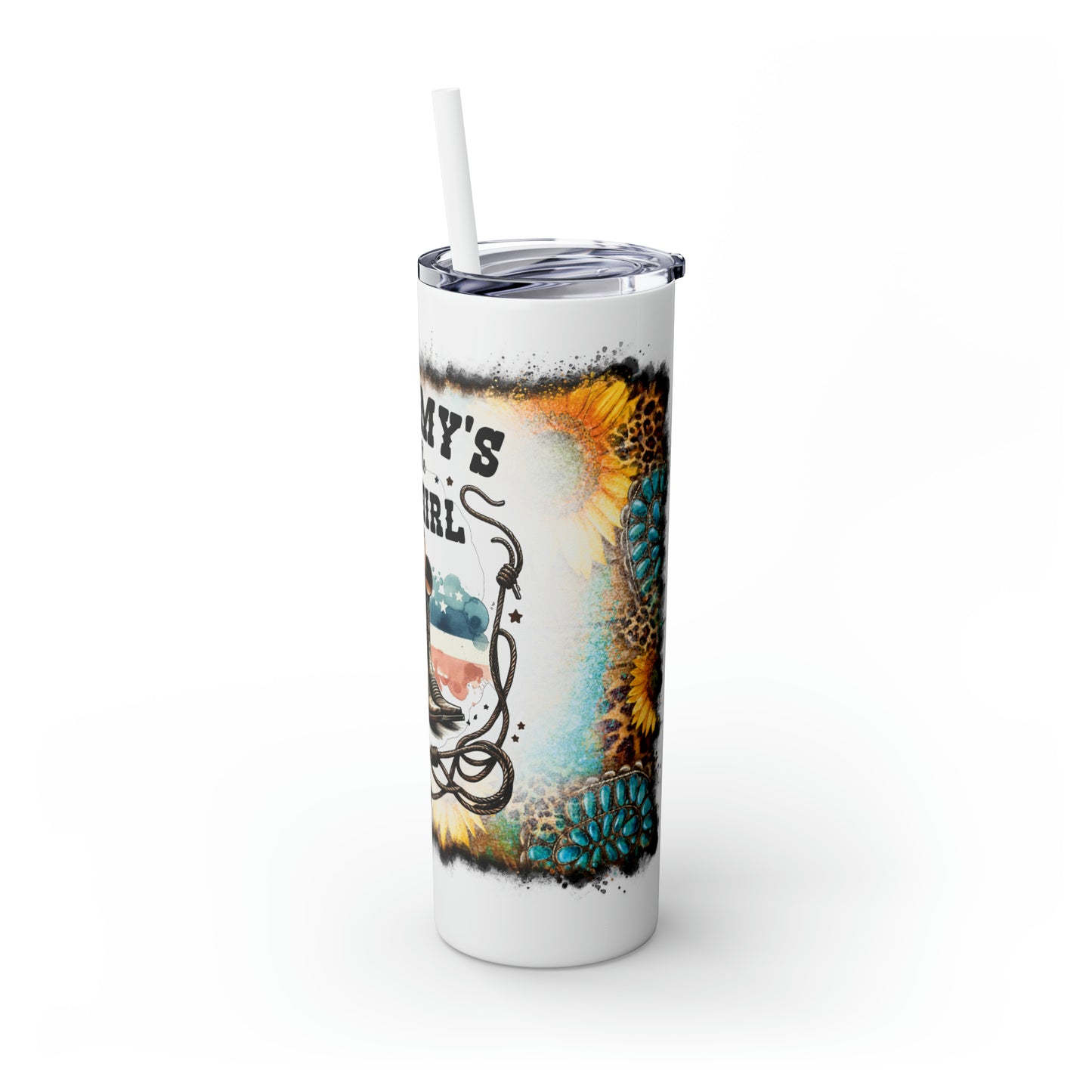 Skinny Tumbler with Straw, 20oz, Sunflowers, Western, Quote, Mommy's Little Cowgirl