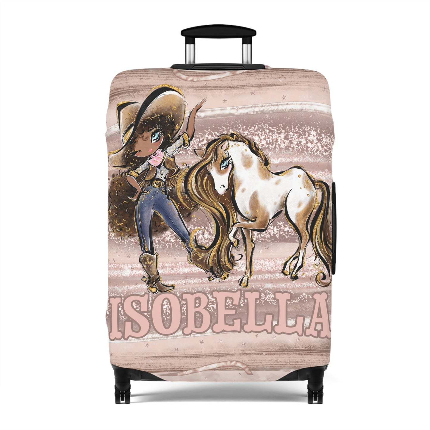 Luggage Cover, Howdy Cowgirl and Horse, Brunette Curly Hair Olive Skin Blue Eyes