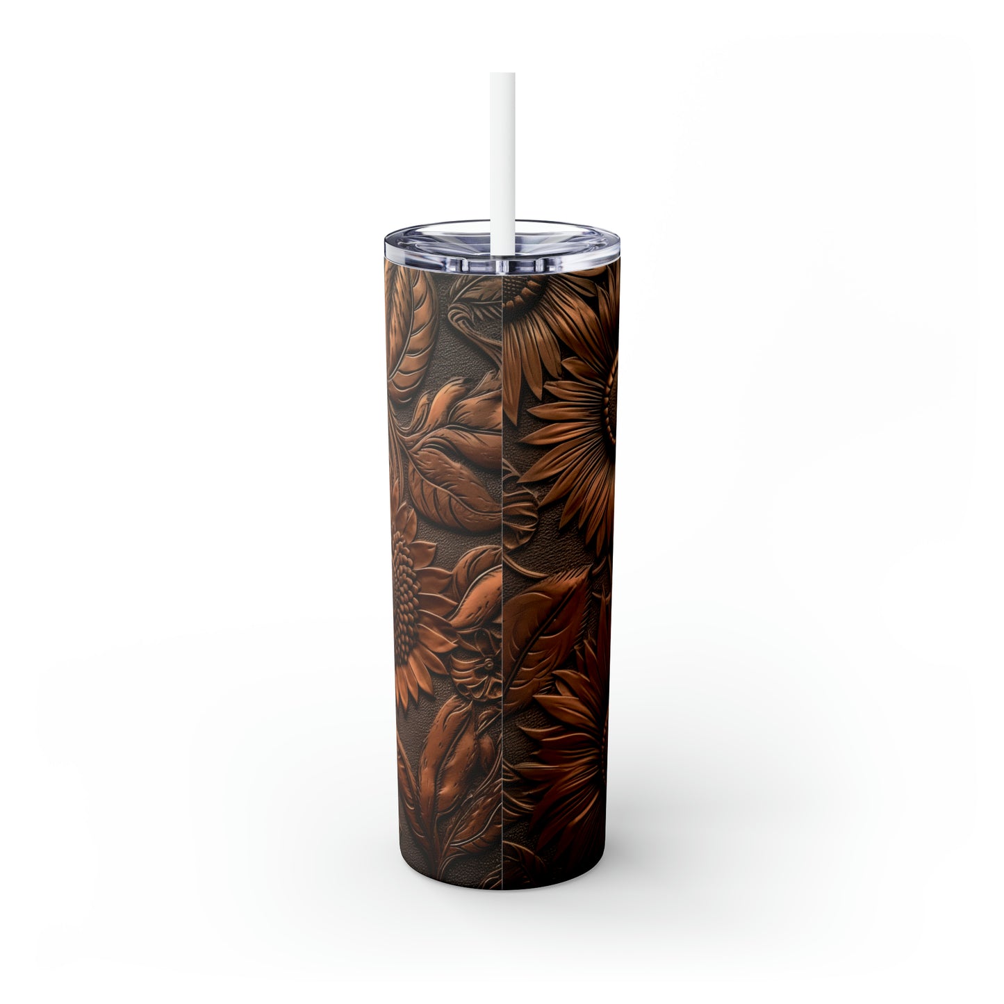 Skinny Tumbler with Straw, 20oz,  Floral carved wood/leather look, awd-346