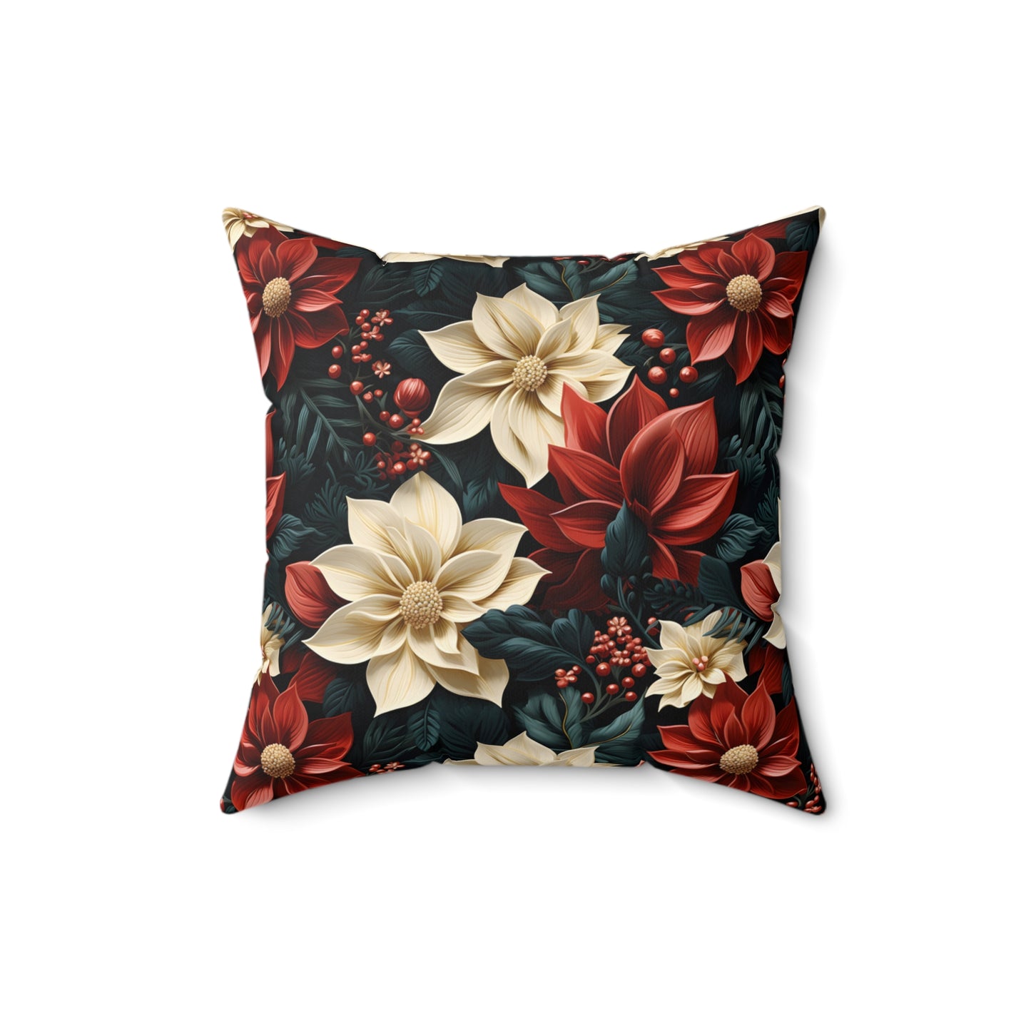 Spun Polyester Square Pillow, Poinsettia Floral Cushion