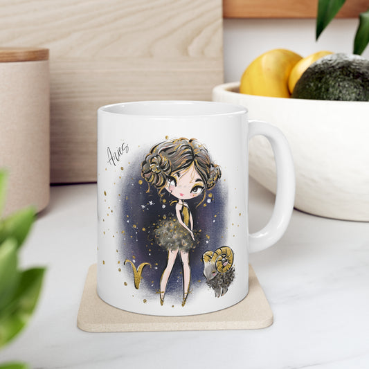 Personalised/Non Personalised Zodiac Sign, Aries, Ceramic Mug 11oz Brunette Hair - Brown Eyes - Bg