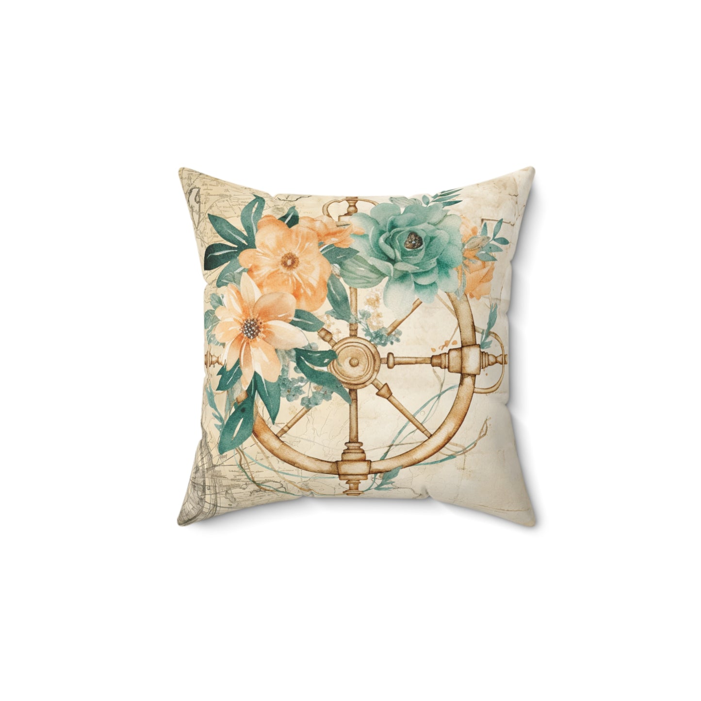 Nautical Polyester Square Cushion, Nautical cushion, Natural Ships Wheel