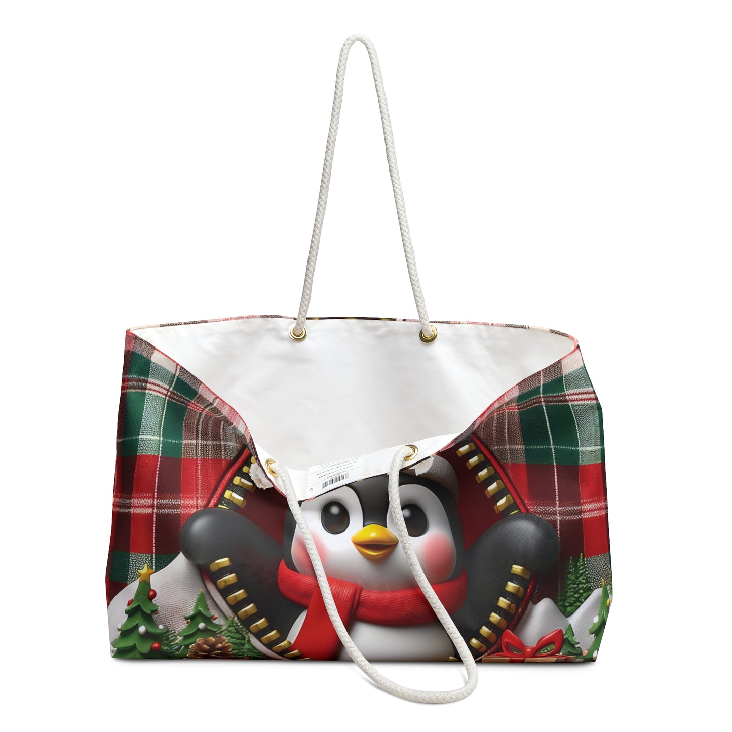 Personalised/Non-Personalised Weekender Bag, Cute Penguin, Christmas, Tartan, Large Weekender Bag, Beach Bag, Book Bag