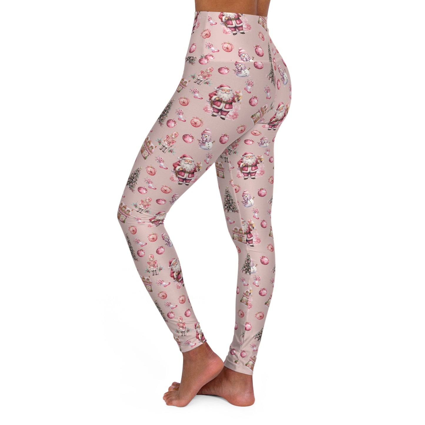 High Waisted Yoga Leggings, Pink Christmas