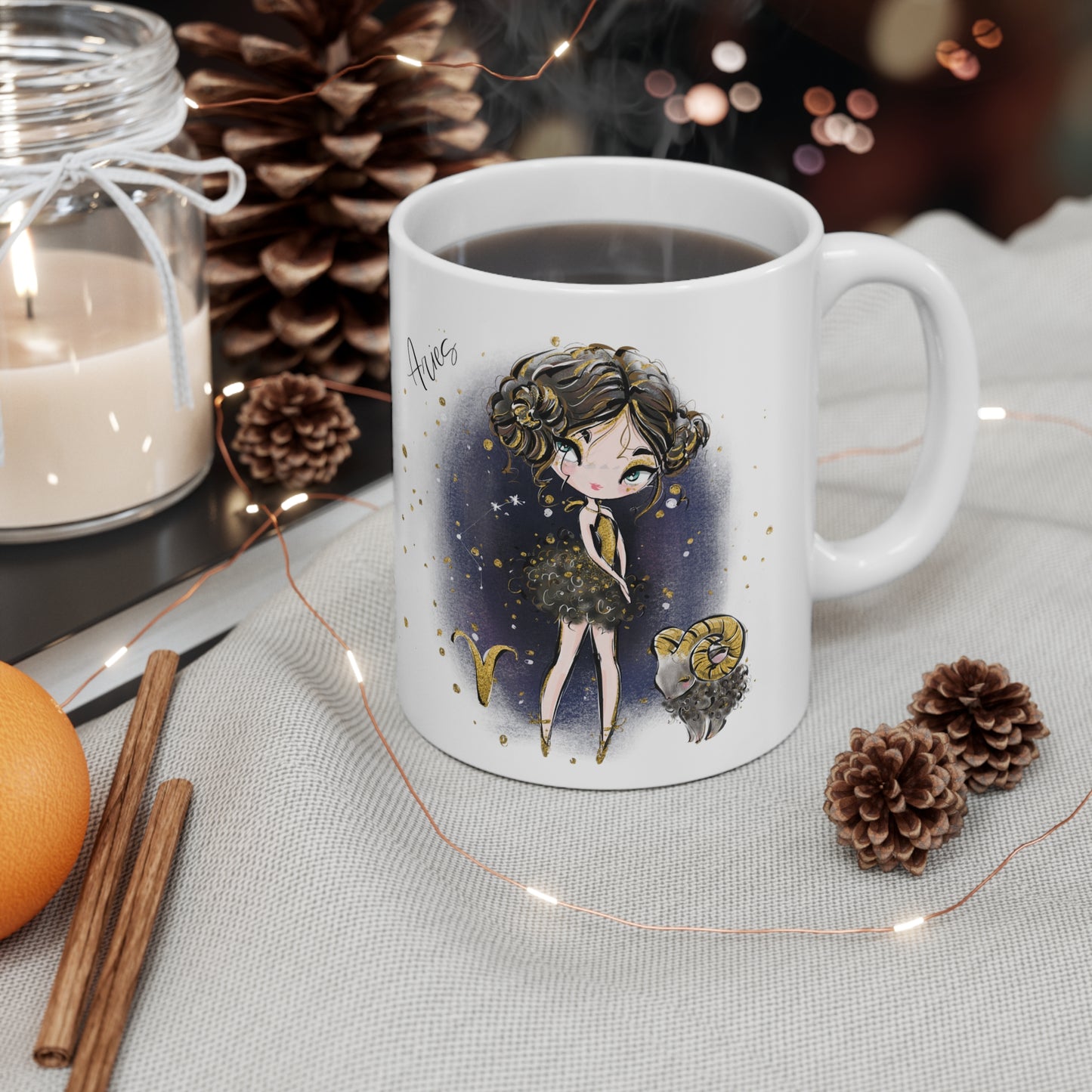 Personalised/Non Personalised Zodiac Sign, Aries, Ceramic Mug 11oz Brunette Hair - Olive Skin - Blue Eyes - Bg