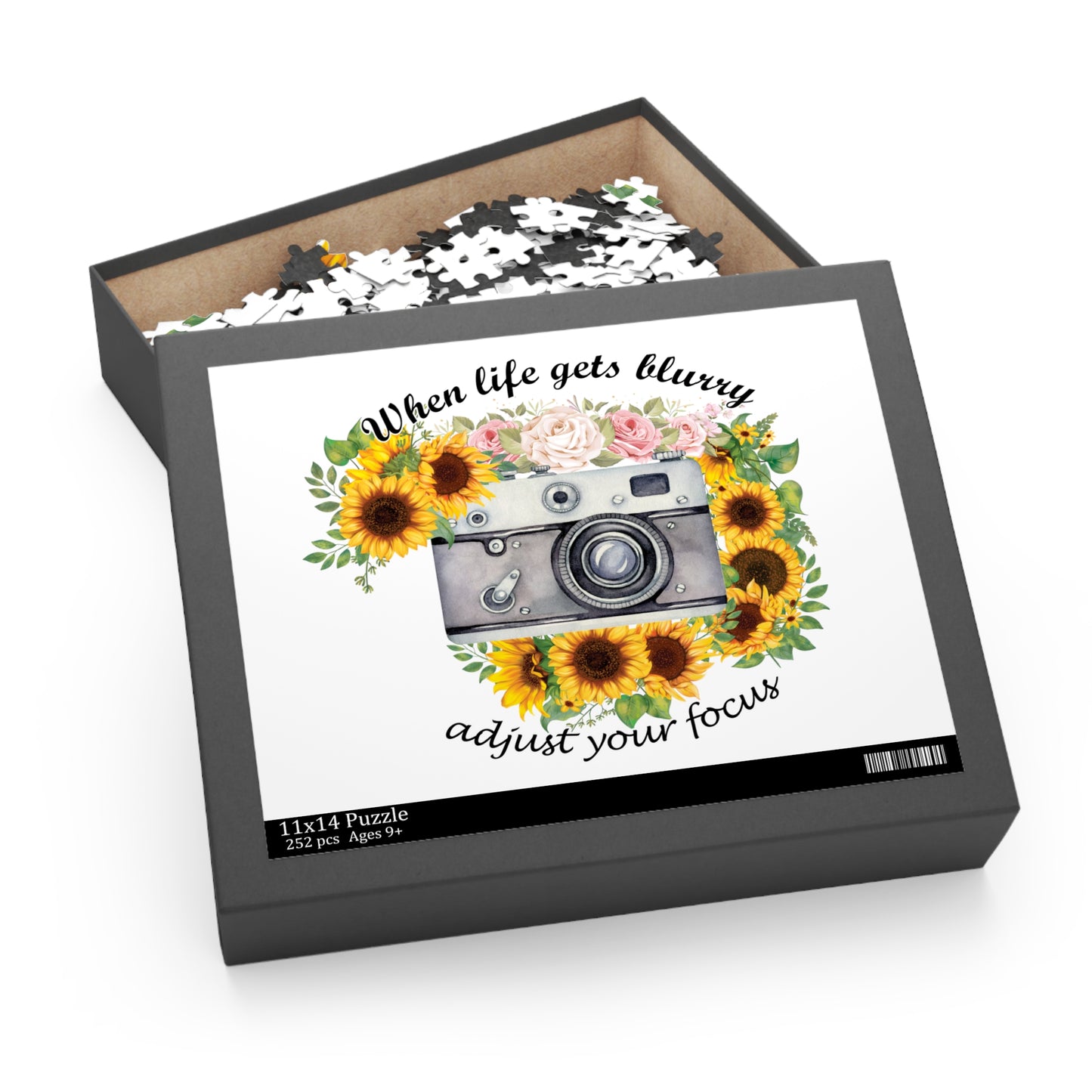 Personalised/Non-Personalised Puzzle, Sunflowers, Camera, When life gets blurry adjust the focus (120, 252, 500-Piece)