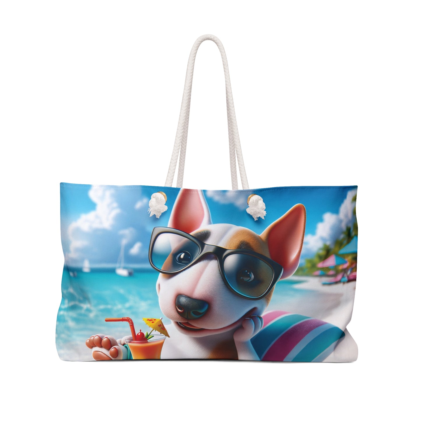 Personalised/Non-Personalised Weekender Bag, Summer Beach Dog, Miniature Bull, Large Weekender Bag, Beach Bag, Book Bag