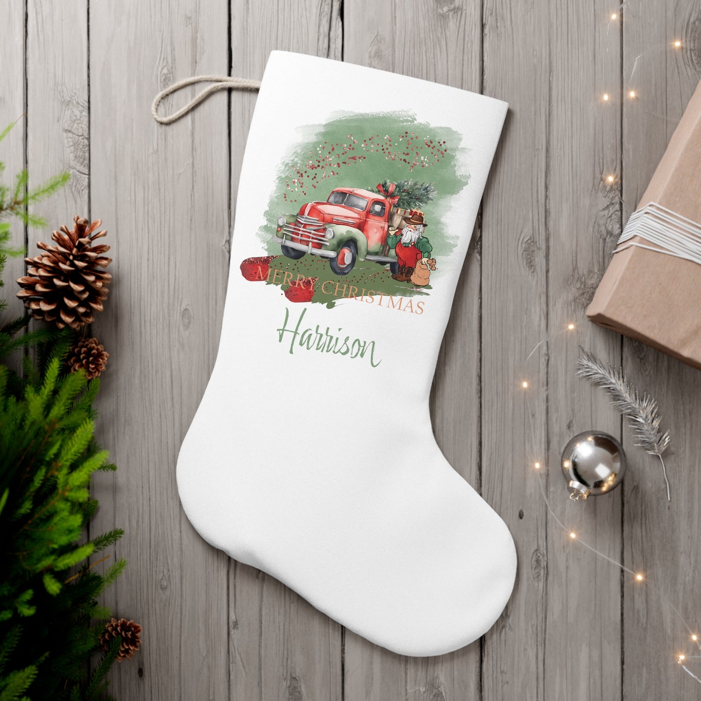 Personalised Santa Stocking, Sage Christmas Country Truck