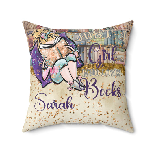 Polyester Square Pillow, Just a Girl who Loves Books, Blonde Hair