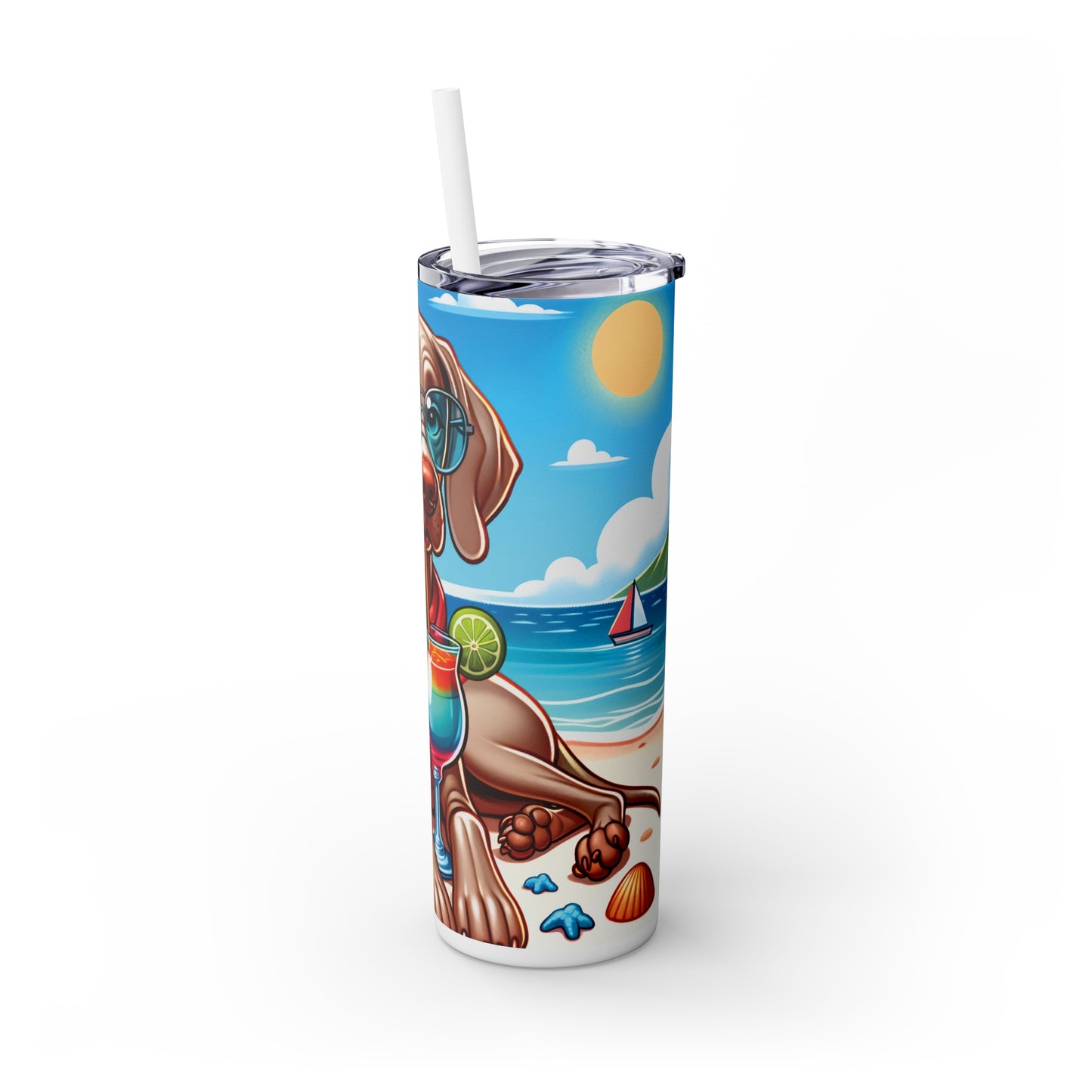 Skinny Tumbler with Straw, 20oz, Dog on Beach, Weimaraner, awd-1250