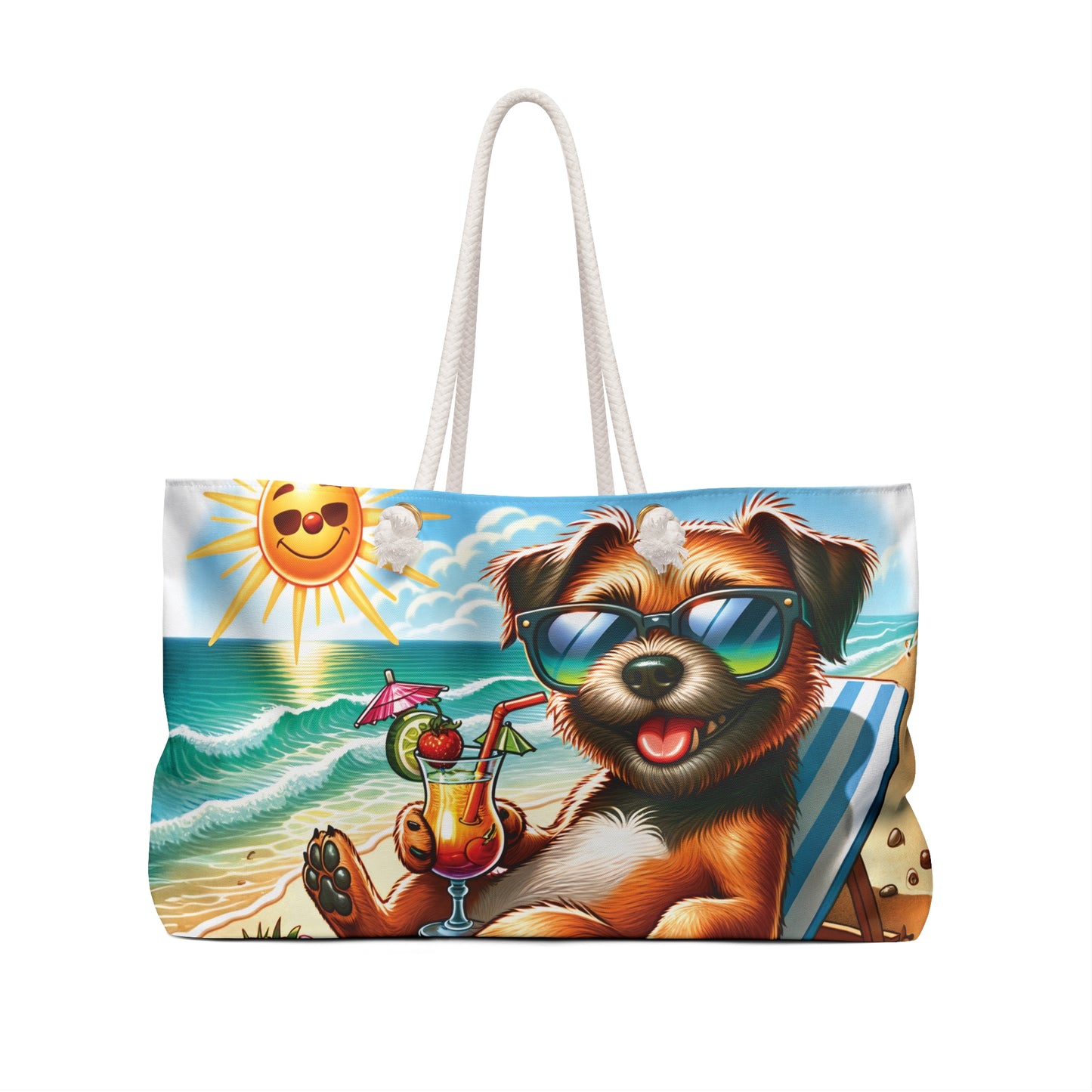 Personalised/Non-Personalised Weekender Bag, Summer Beach Dog, Border Terrier, Large Weekender Bag, Beach Bag, Book Bag