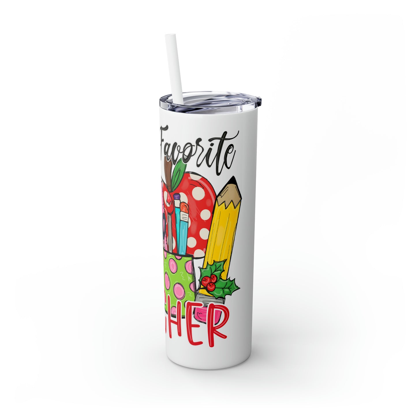 Skinny Tumbler with Straw, 20oz,  Santa's Favorite Teacher