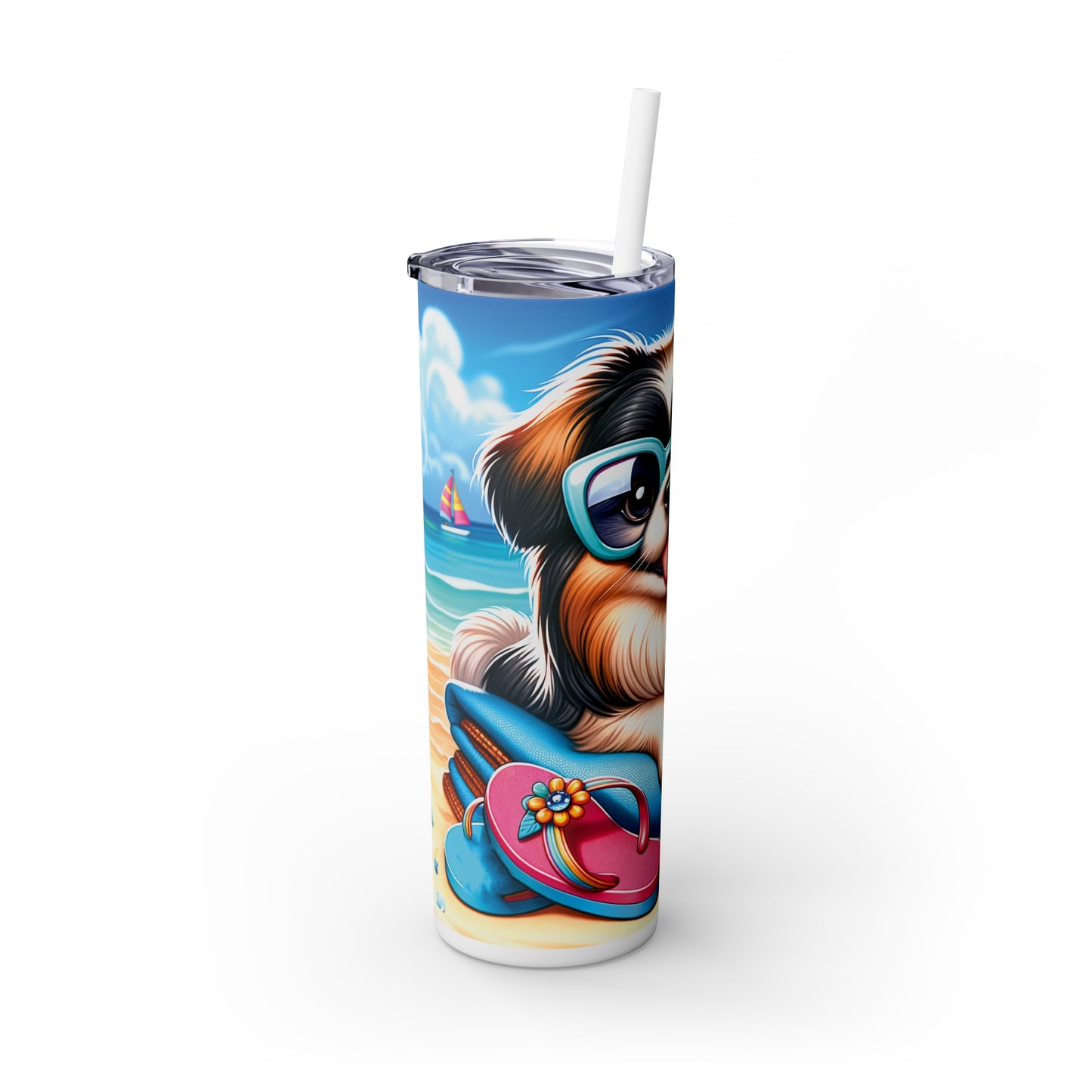 Skinny Tumbler with Straw, 20oz, Dog on Beach, Pekinese, awd-1230