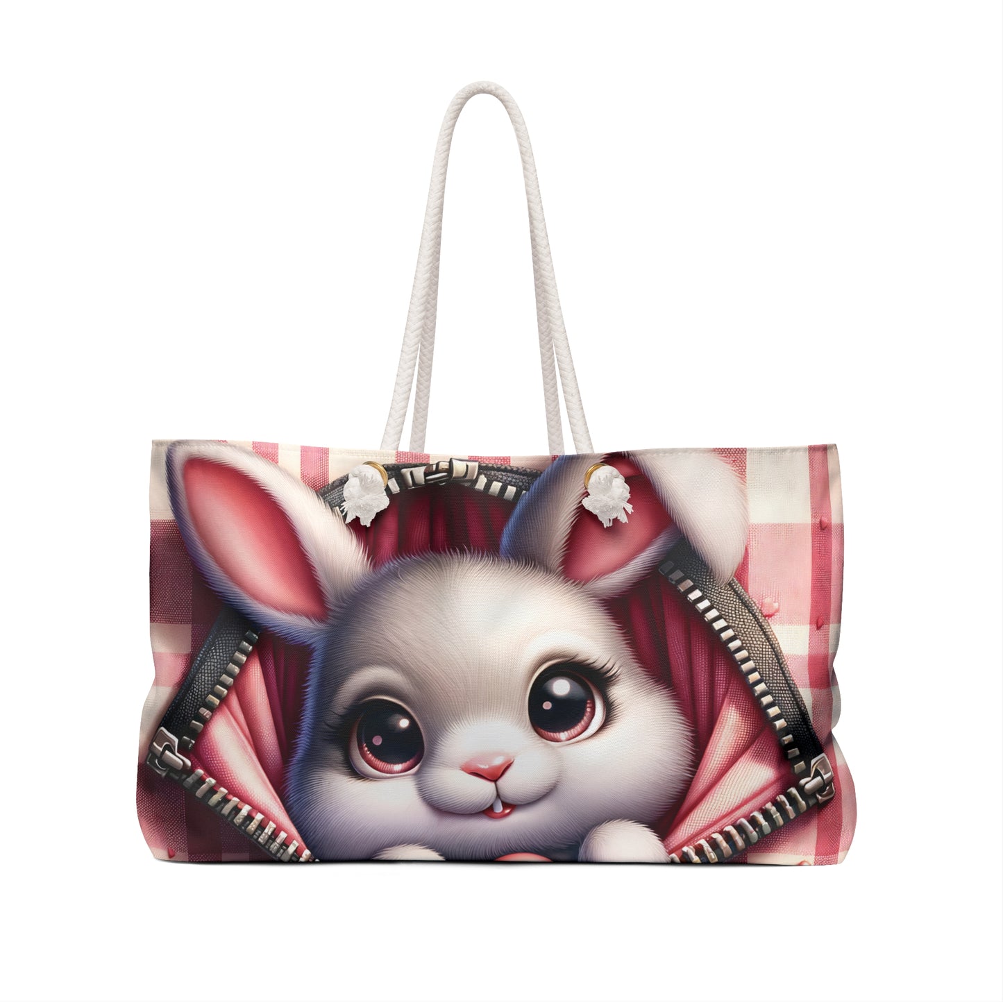 Personalised/Non-Personalised Weekender Bag, Cute Rabbit, Zipper, Valentines Day, Large Weekender Bag, Beach Bag, Book Bag