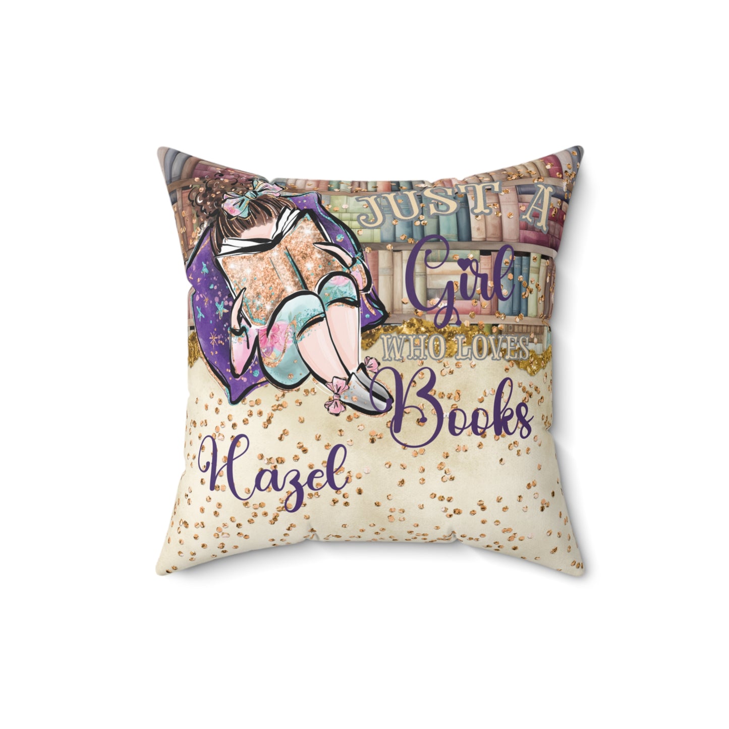 Polyester Square Pillow, Just a Girl who Loves Books, Brunette Hair