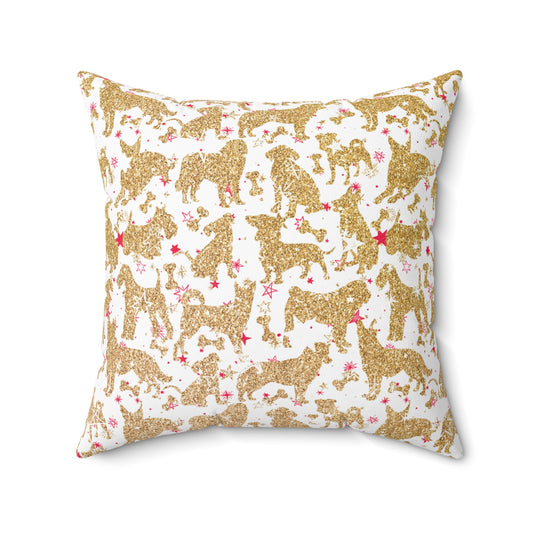 Spun Polyester Square Pillow, Doggie Gold Silhouette Christmas Cushion